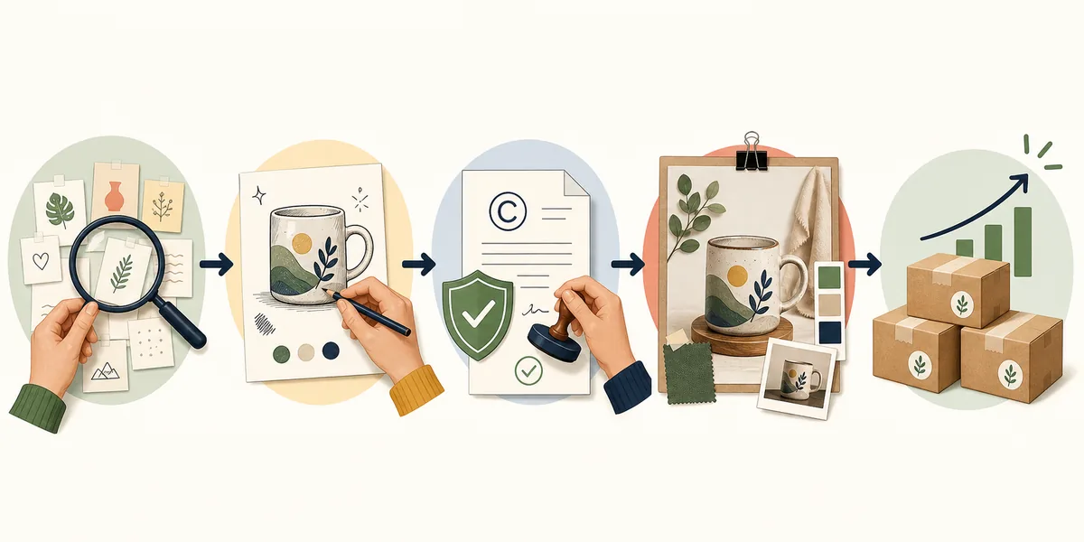 Fünf Stationen vom Etsy-Nischencheck über eigenen Entwurf und Rechteprüfung bis zum Markttest
