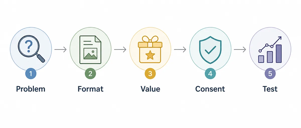 Fuenf Schritte fuer die Auswahl einer Freebie Idee: Problem, Format, Value, Consent und Test