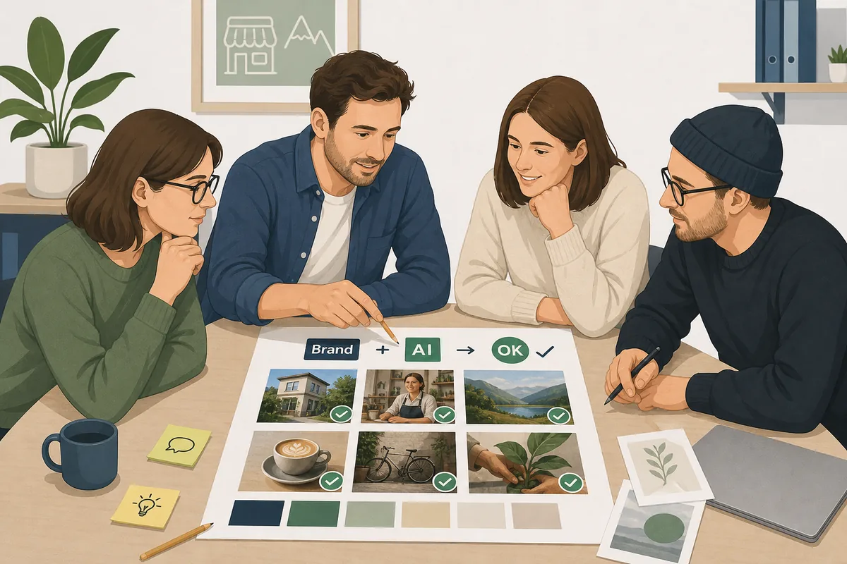 Kleines Marketingteam plant KI-generierte Social-Media-Bilder mit Markenfarben und Freigabeprozess
