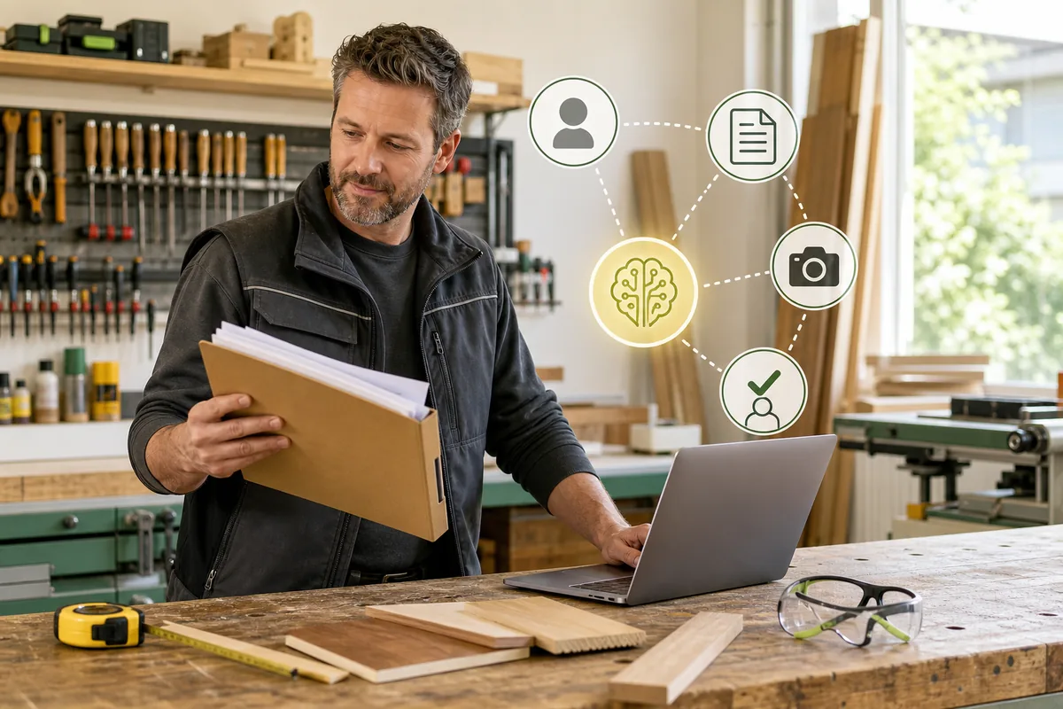 Handwerksmeister prüft Unterlagen und einen KI-gestützten Büroablauf in seiner Werkstatt