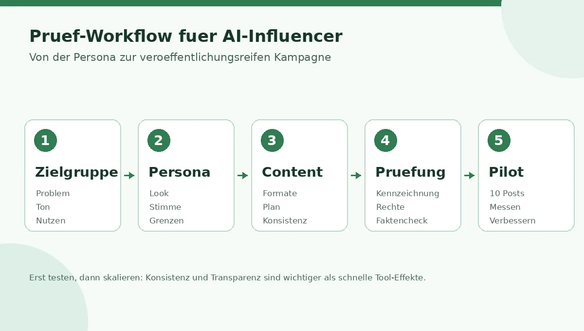 Fuenfstufiger Pruef-Workflow fuer AI-Influencer von Zielgruppe bis Pilotphase