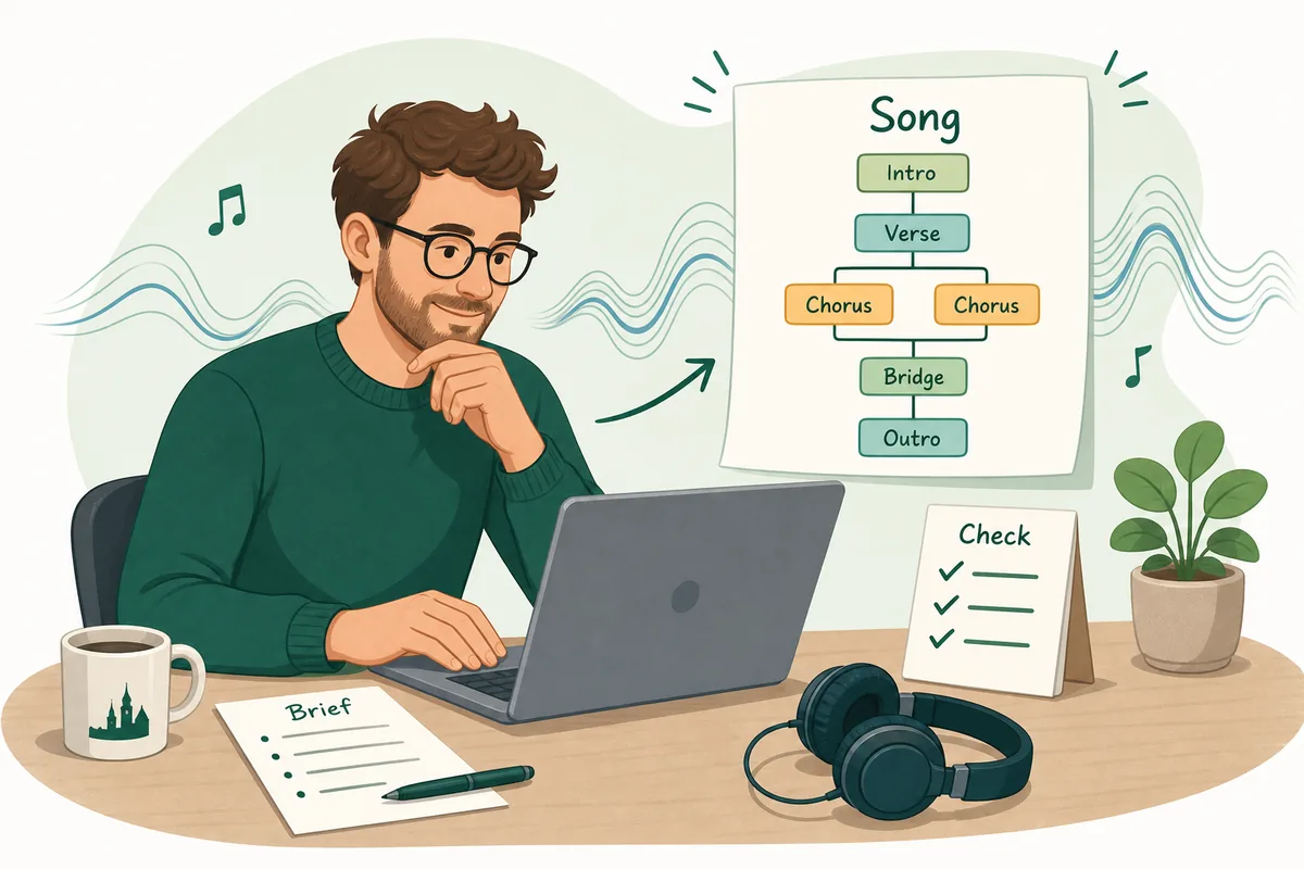 Creator plant mit KI aus Briefing, Songstruktur und Checkliste einen nutzbaren Musiktrack