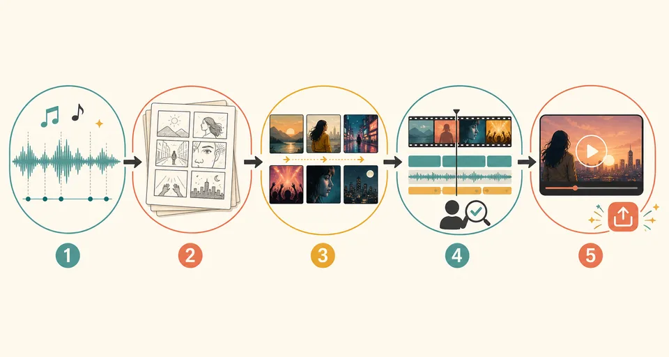 Fünf Stationen vom analysierten Song über Storyboard und KI-Szenen bis zu Schnitt, Prüfung und Veröffentlichung