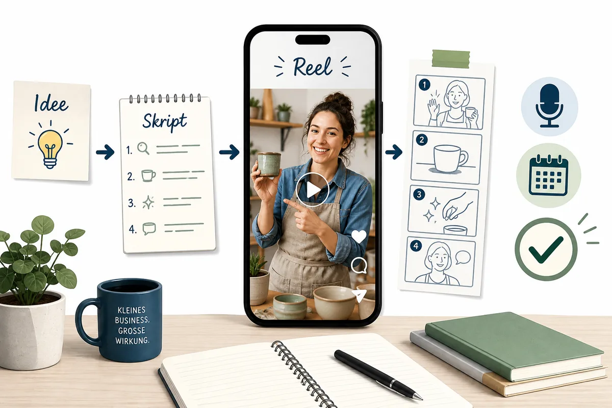Redaktionelle Illustration eines KI-Workflows fuer Reels mit Idee, Skript, Storyboard und Freigabe