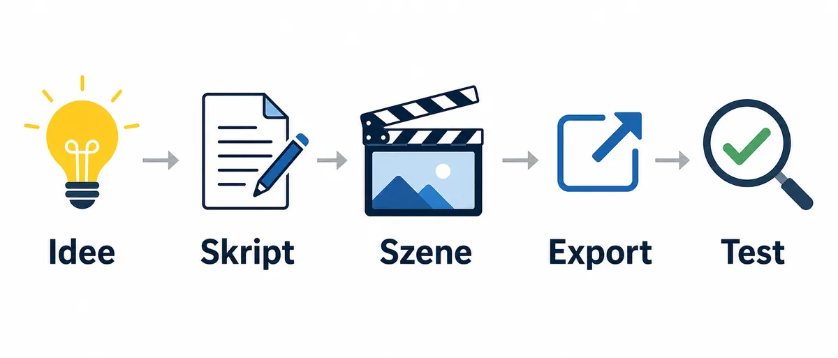 Fuenf Schritte fuer KI-Reels von Idee ueber Skript und Szene bis Export und Test