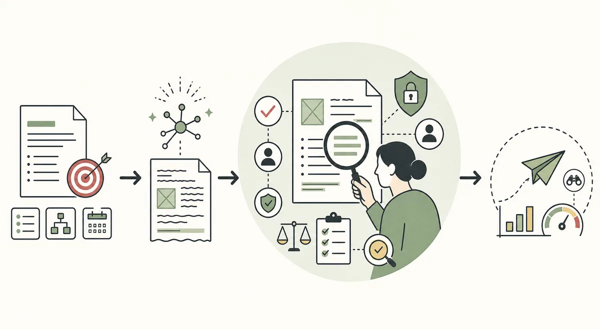 Vierstufiger Prüfworkflow von Strategie und KI-Entwurf über menschliche Kontrolle bis zum kleinen Funnel-Test