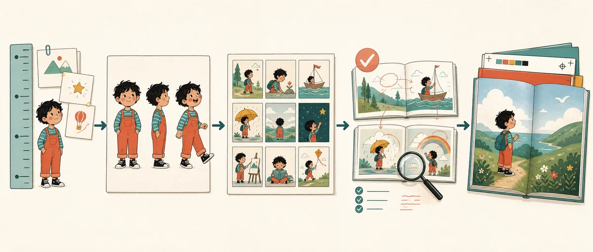 Fünf Stationen von Zielalter und Figurenblatt über Storyboard und Redaktion bis zum gedruckten Kinderbuch