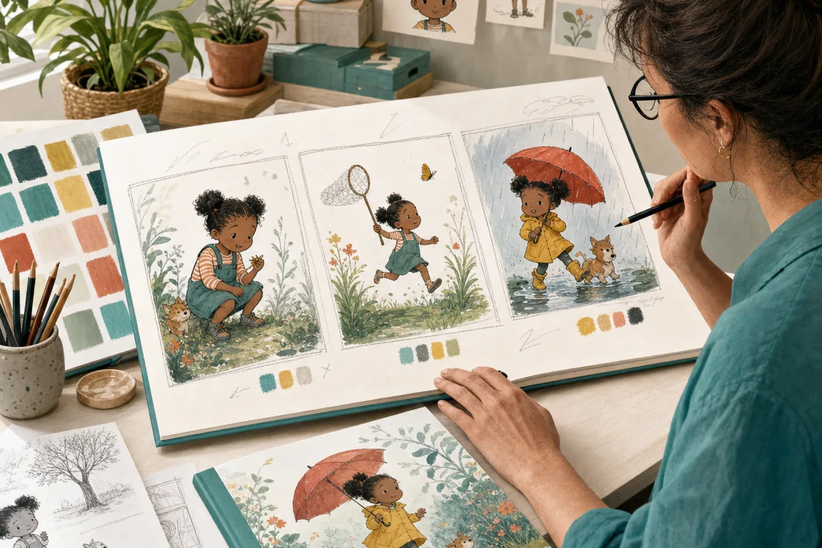 Autorin prüft Storyboard, Figurenblätter und Probedruck für ein mit KI unterstütztes Kinderbuch