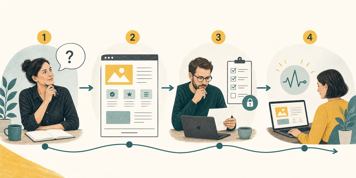 Vier Schritte beim Erstellen einer Landingpage mit KI: Nutzerproblem, Seitenstruktur, Prüfung und Test