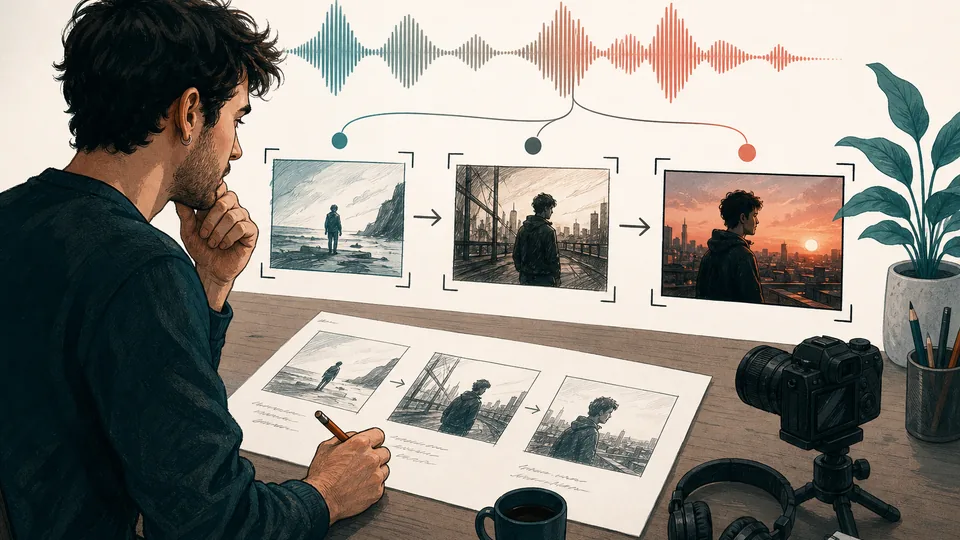 Musiker plant aus einer Tonspur und einem Storyboard konsistente Szenen für ein KI-Musikvideo