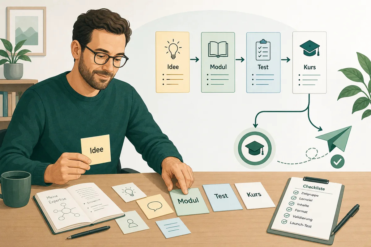 Kursanbieter strukturiert mit KI eine Idee in Module, Test und Onlinekurs