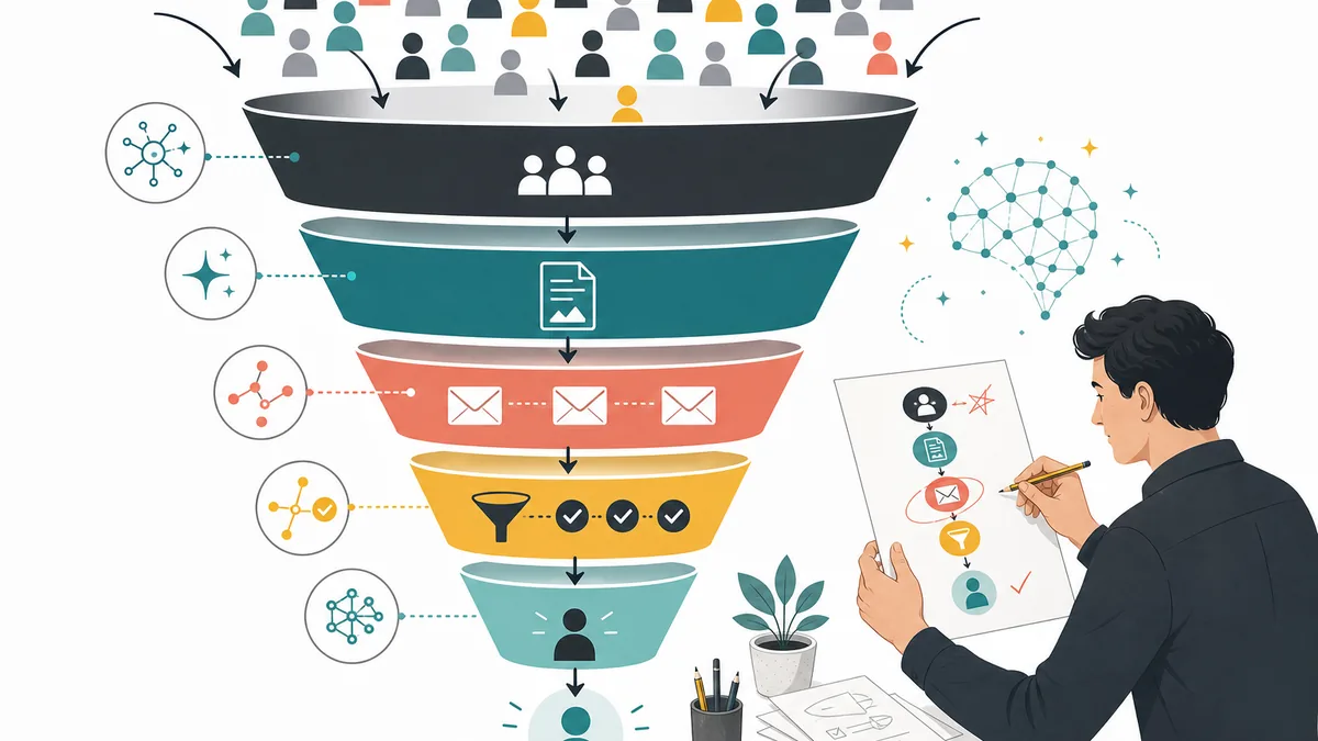 Redakteur prüft einen mehrstufigen KI Sales Funnel vom ersten Kontakt bis zum qualifizierten Kunden