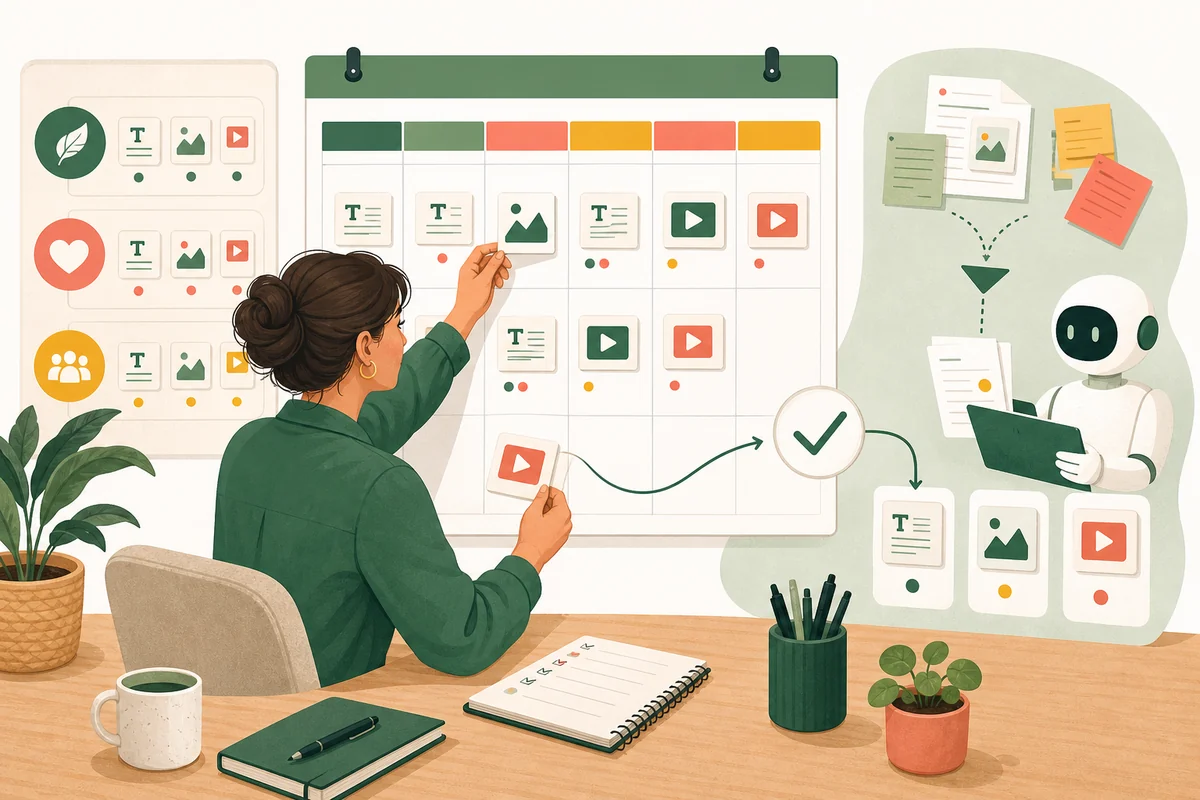 Redakteurin plant gemeinsam mit einem KI-Assistenten geprüfte Social-Media-Inhalte in einem Kalender