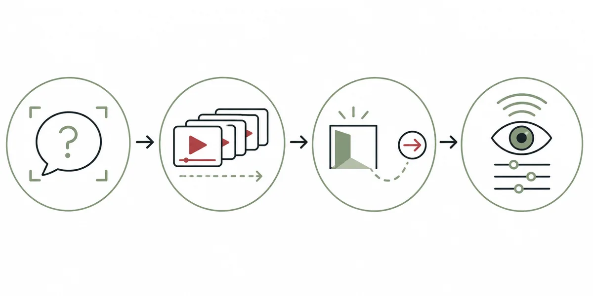 Vier Stationen eines 30-Tage-Workflows für YouTube von Zuschauerfrage über Videoserie und Handlungsaufforderung bis zur Auswertung